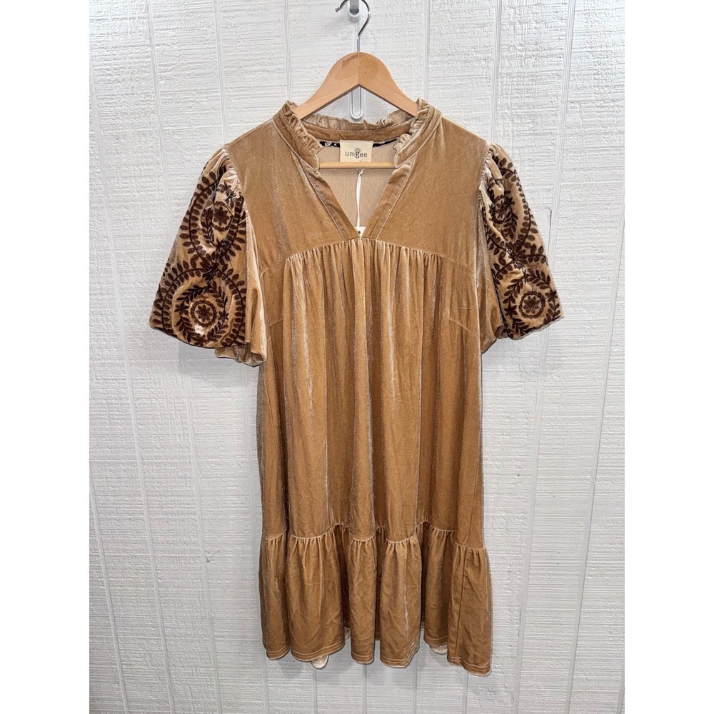 Umgee Velvet Babydoll Dress Women Taupe Embroidered Puff Sleeve Tiered Small